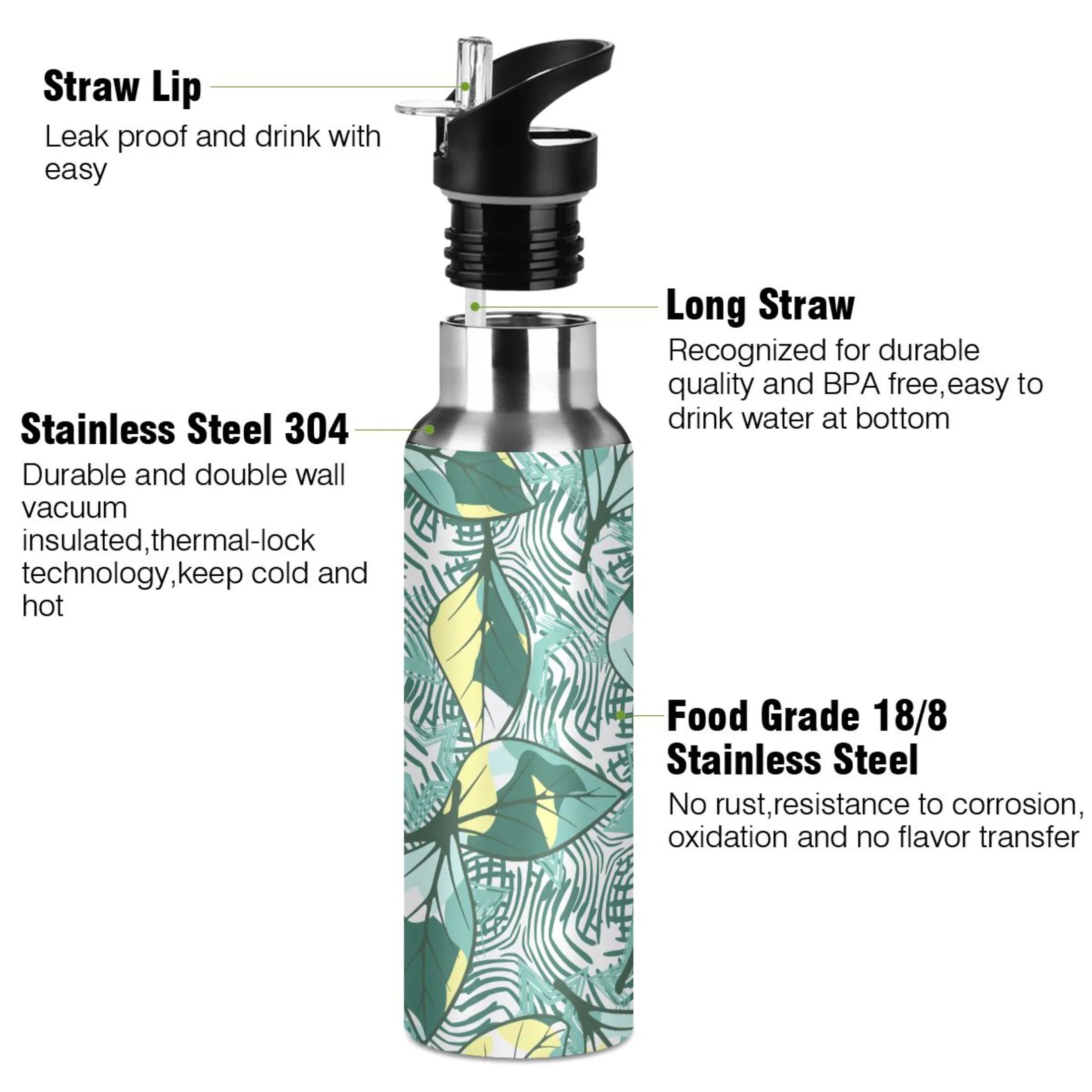 Leaves with Line Water Bottles Insulated Thermos Kids Stainless Steel Bottle with Straw Lid Flask Leakproof for Sports Gym 20 oz