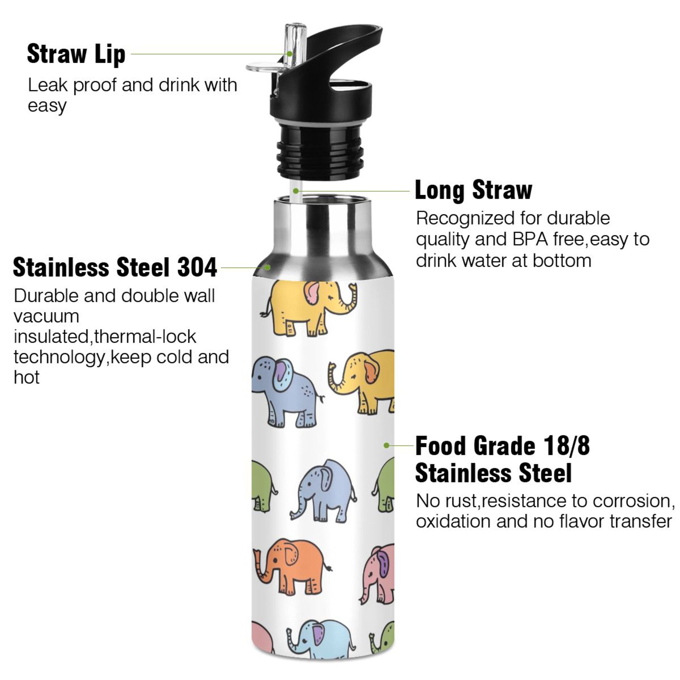 Cartoon Elephants Water Bottles Insulated Thermos Kids Stainless Steel Bottle with Straw Lid Flask Leakproof for Sports Gym 20 oz