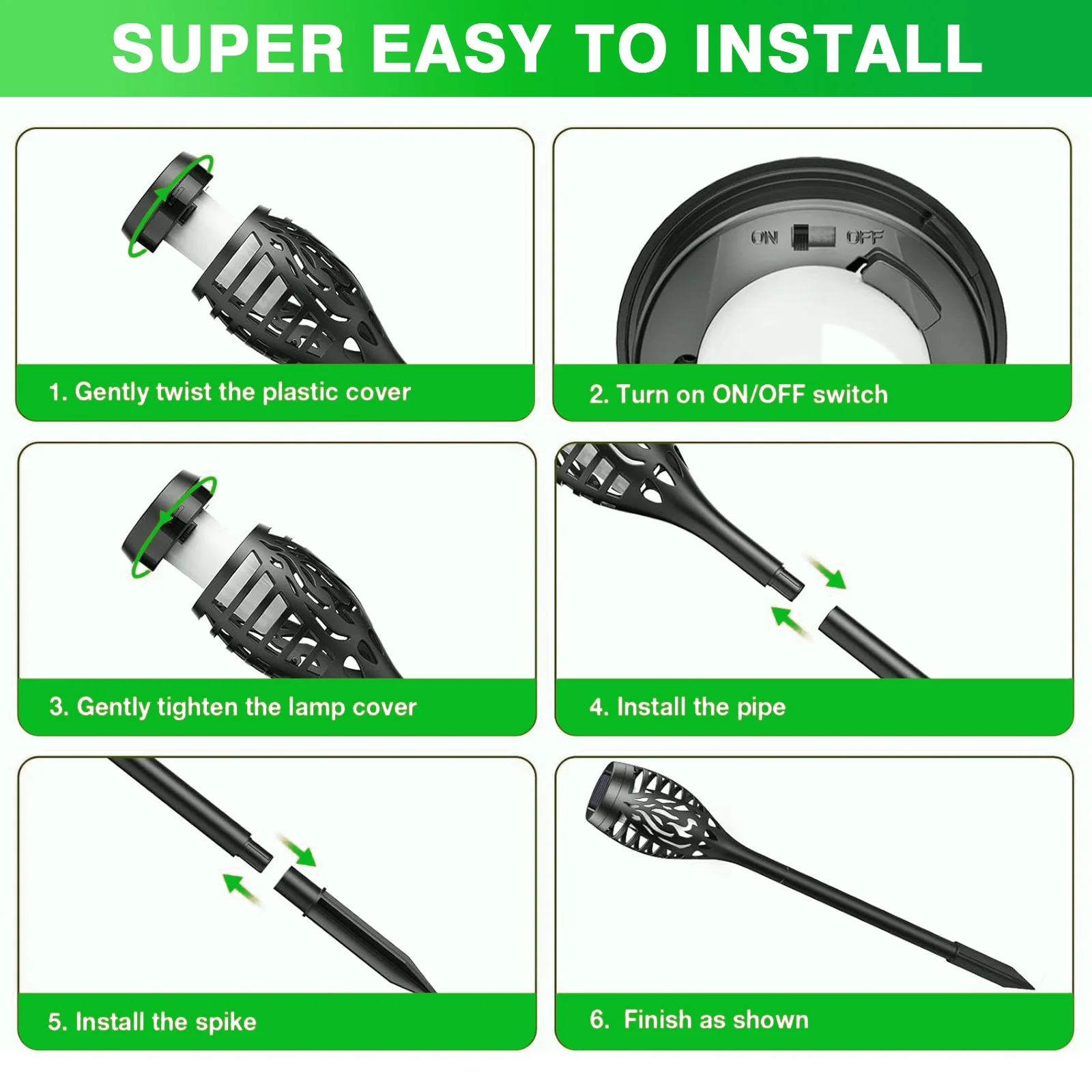 Baokaler 6-Pack Solar Outdoor Lights for Garden Decor W/Flickering Flame, Waterproof Tiki Torches Solar Flame Torch for Outside Pathway Patio Yard Porch - Auto On/Off, Green