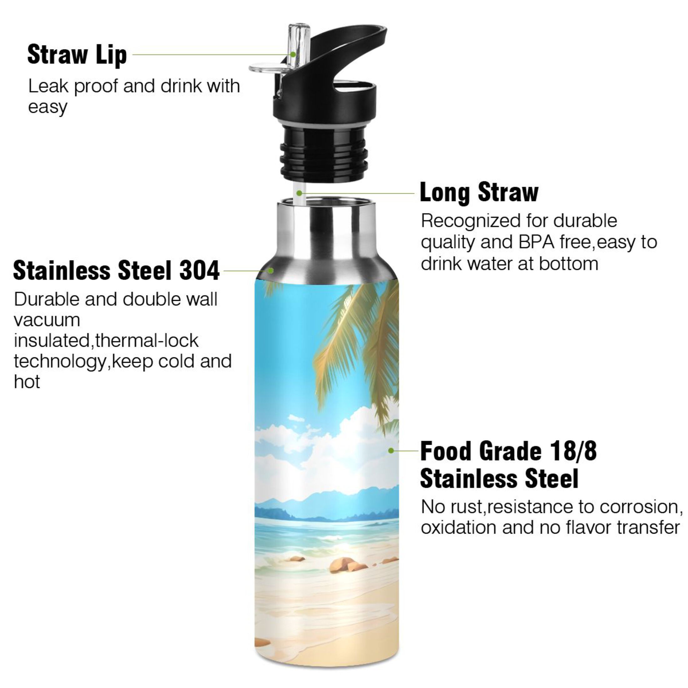 Beach and Blue Sky Water Bottles Insulated Thermos Kids Stainless Steel Bottle with Straw Lid Flask Leakproof for Sports Gym 20 oz