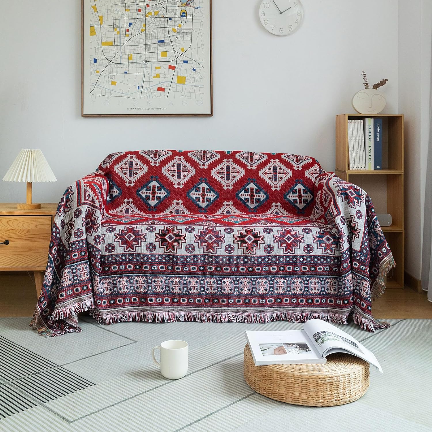 Snow Jacquard Couch Cover for 3 Couch Cushion Sofa Covers Christmas Red Sofa Slipcovers Geometric Aztec Couch Covers for Pets Boho Couch Slipcover Covers Love Seat Couch Covers, 71