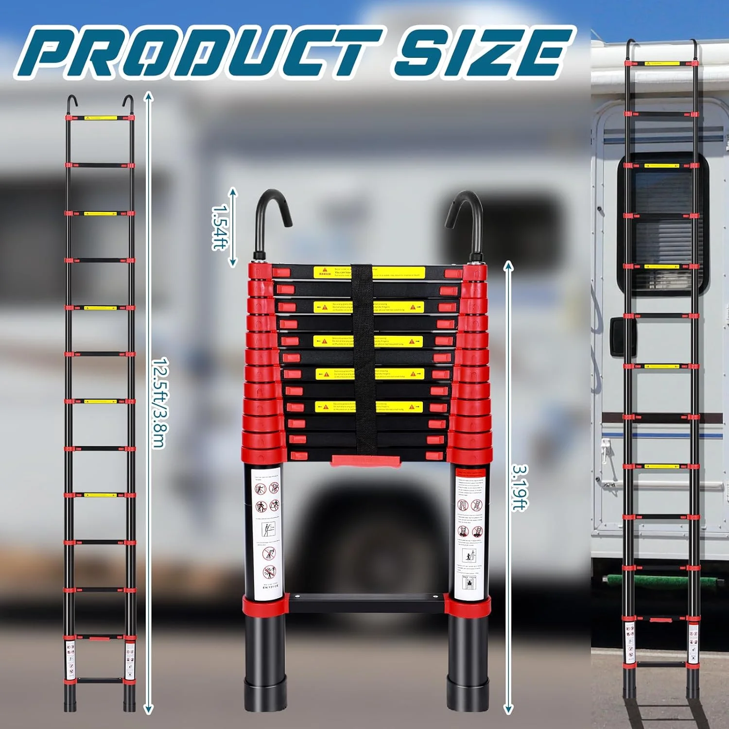 12.5FT Telescoping Ladder Aluminum Lightweight Extension Folding Ladder with Hook Multi-Purpose Collapsible Ladder, 330lbs Load Capacity, for Home, Office, RV, and Outdoor Work (Black, Red)