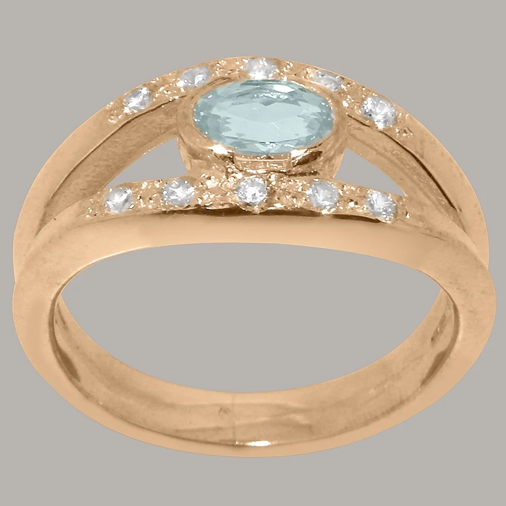 LBG British Made 18k Rose Gold Natural Aquamarine & Diamond Womens Band Ring - 33 size options - Size 7.75