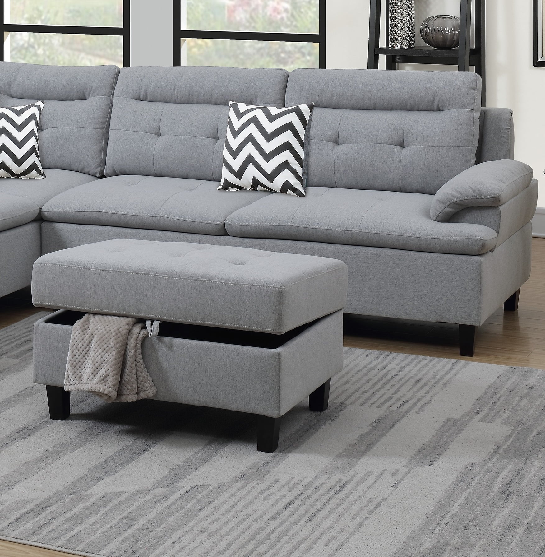 Stylish Modern Classic Look Grey Color Couch Sectional Sofa Ottoman w Storage Living Room Couch Cushion Pillows Polyfiber