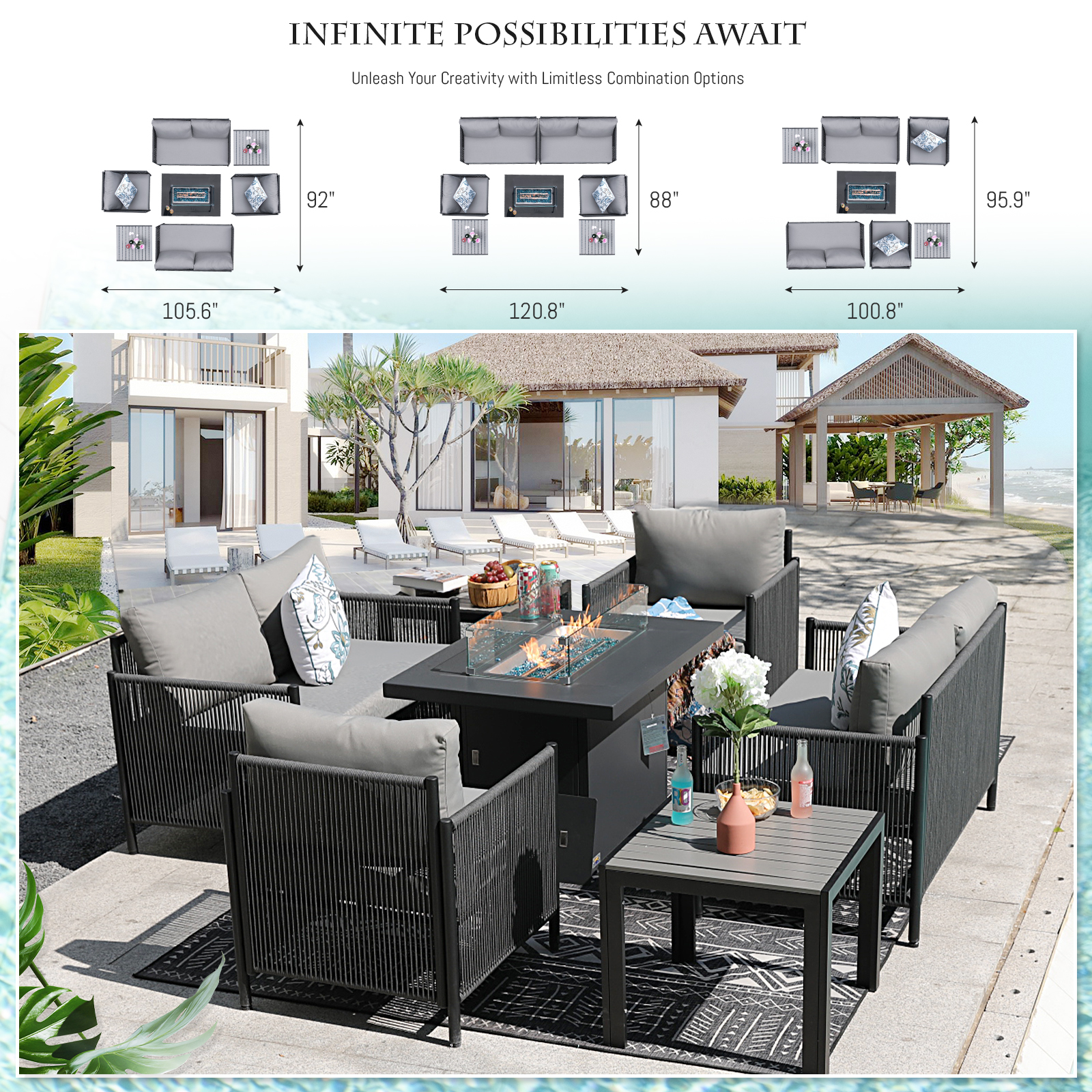 NICESOUL Grey Rope Patio Furniture Sectional Conversation Sofa Set with 43