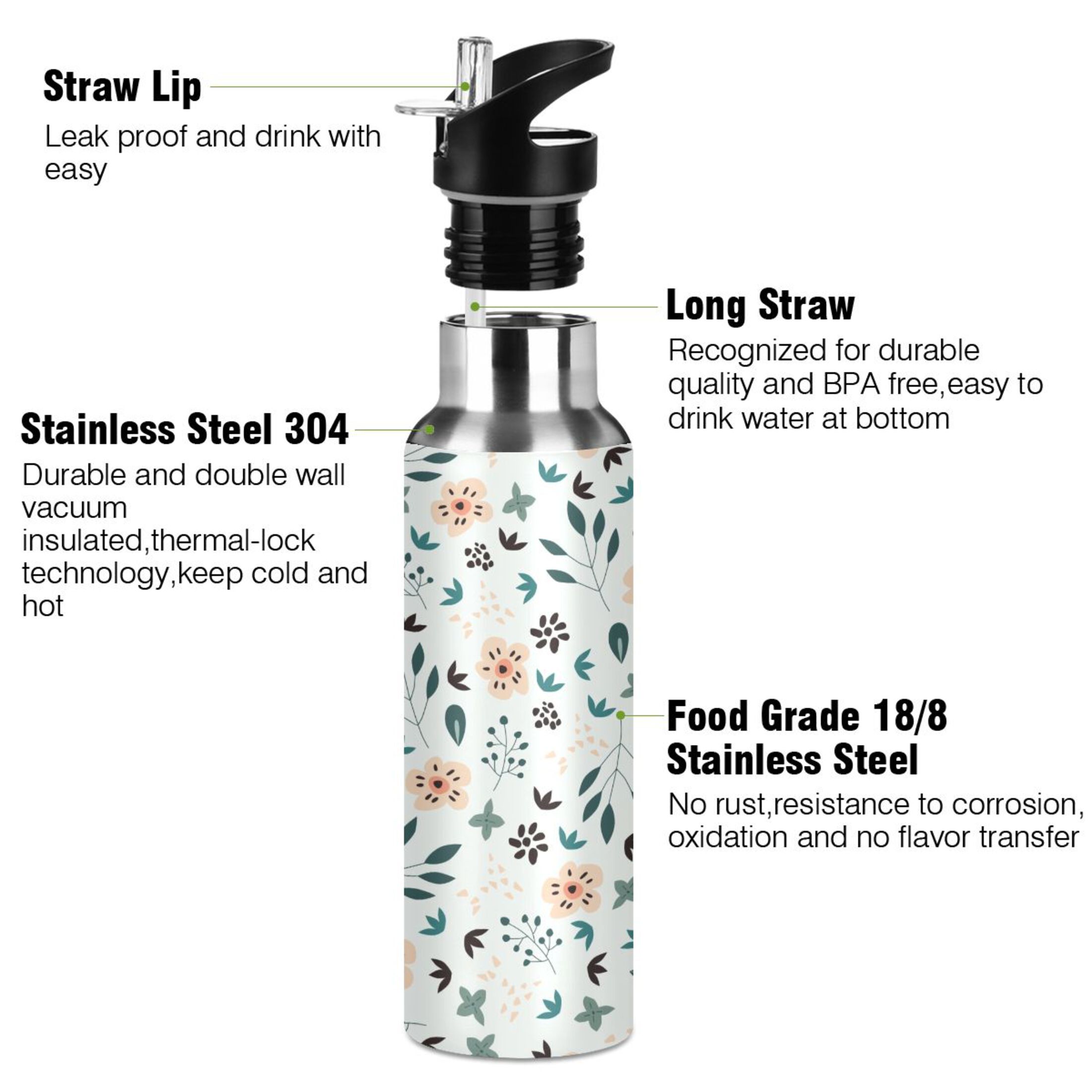 Water Bottle with Straw Lid Leak Floral with Green Leaves Stainless Steel Insulated Thermos Vacuum Flask for Cold Hot Drinking for Sports Camping Gym Yoga