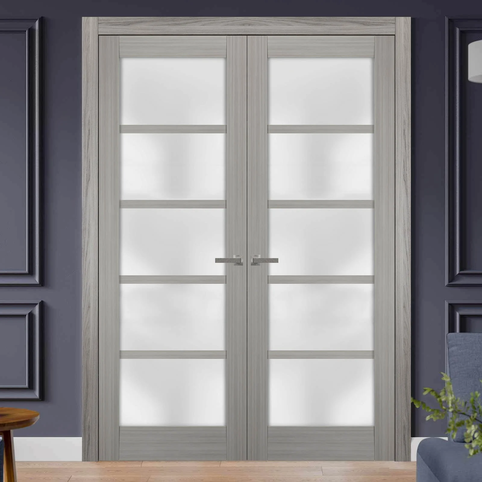 Solid French Double Doors 36 x 96 inches Frosted Glass | Quadro 4002 Grey Ash | Wood Solid Panel Frame Trims | Closet Bedroom Sturdy Doors
