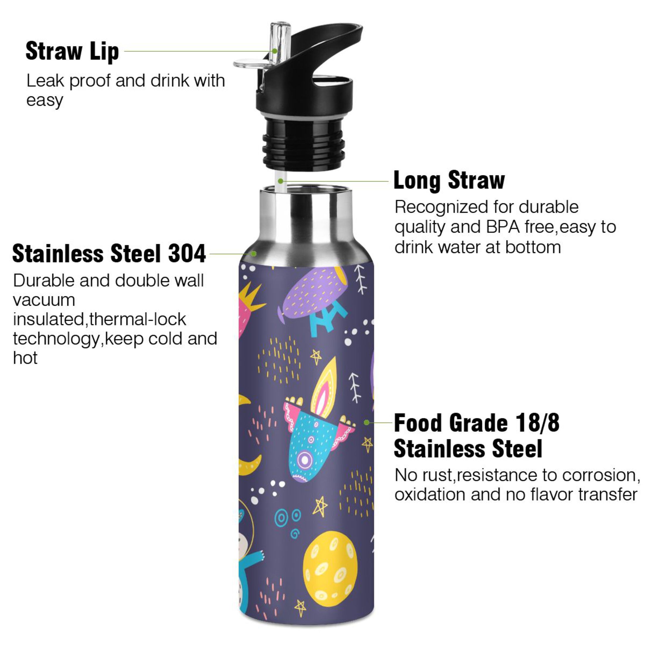 Water Bottle with Straw Lid Leak Cute Hippo Moon Stars Rocket Stainless Steel Insulated Thermos Vacuum Flask for Cold Hot Drinking for Sports Camping Gym Yoga