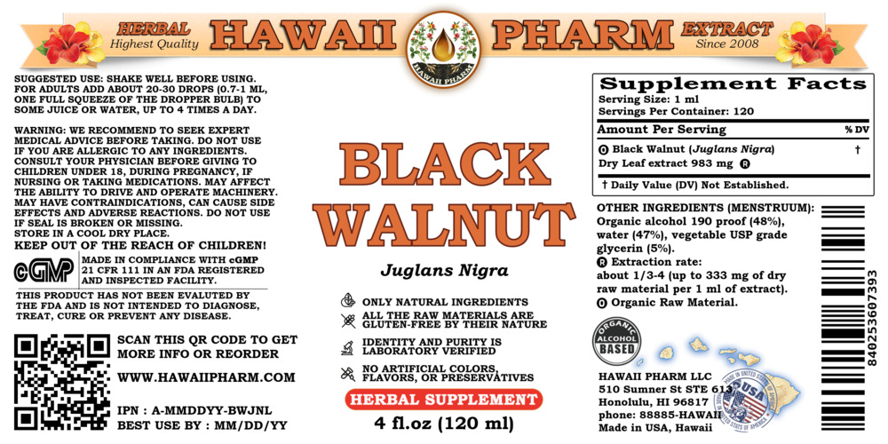 Black Walnut (Juglans Nigra) Dry Leaf Liquid Extract Tincture. Expertly Extracted by Trusted HawaiiPharm Brand. Absolutely Natural. Proudly made in USA. Tincture 4 Fl.Oz