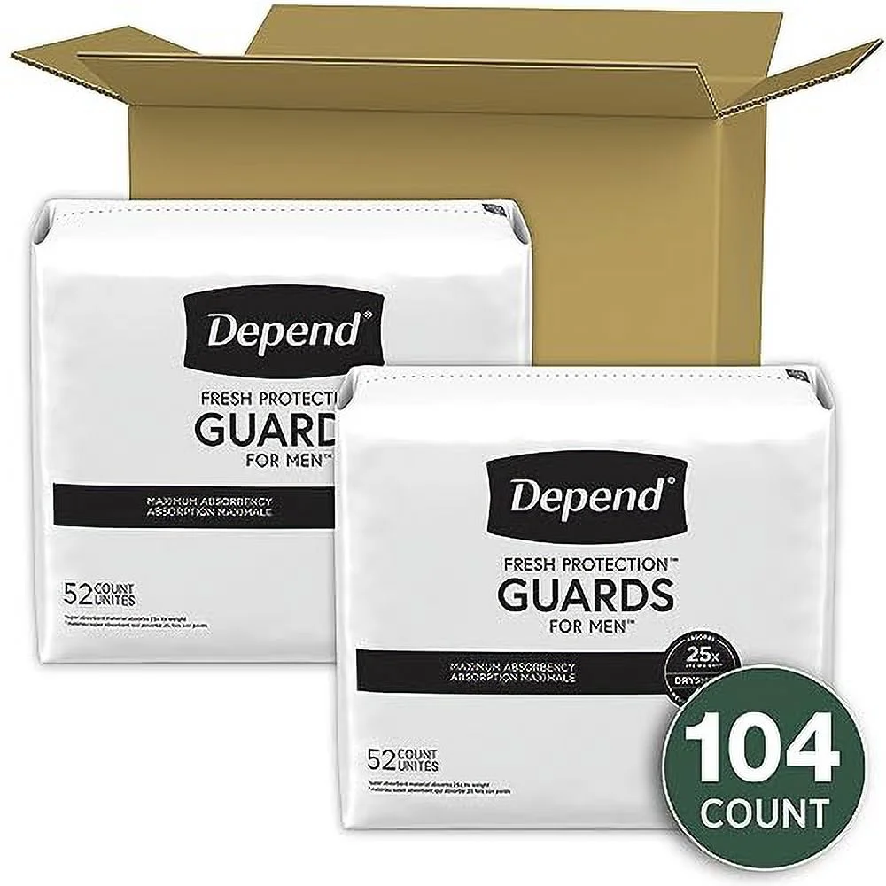 Depend Incontinence Guards/Incontinence Pads for Men/Bladder Control Pads, Maximum Absorbency, 104 Count (2 Packs of 52), Packaging May Vary