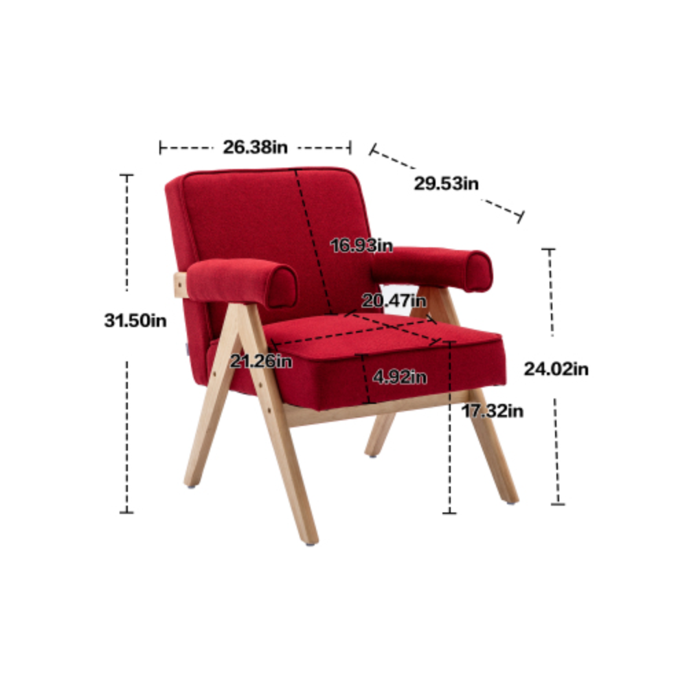 Leisure Chair with Solid Wood Armrest and Feet, Mid-Century Modern Accent chair, for Living Room Bedroom Studio chair Red + Polyester