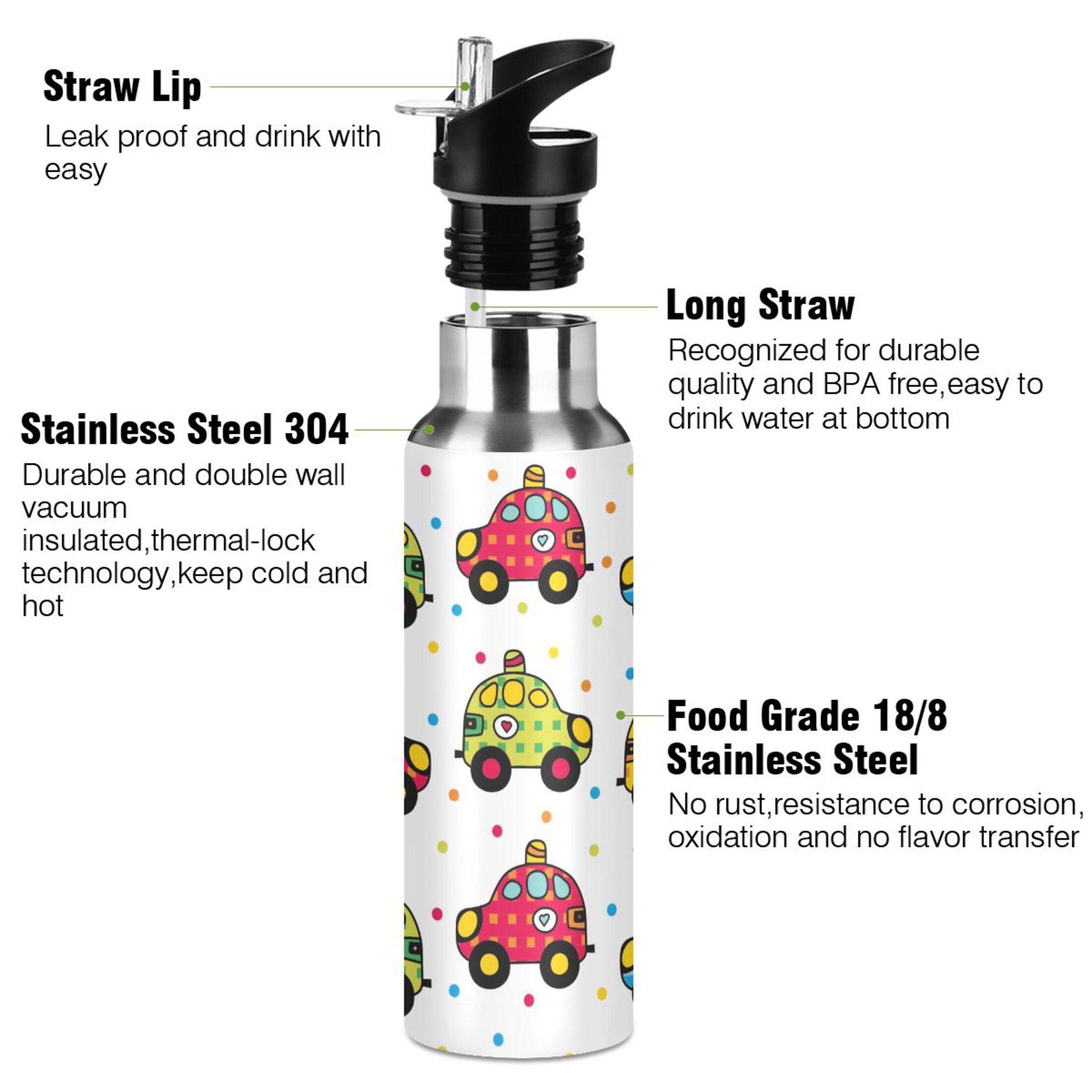 Water Bottle with Straw Lid Leak Cartoon Car Stainless Steel Insulated Thermos Vacuum Flask for Cold Hot Drinking for Sports Camping Gym Yoga