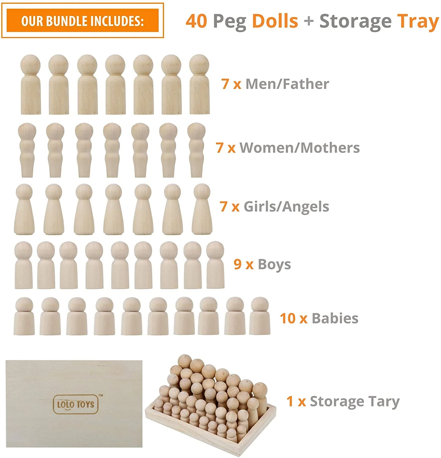 Wooden Peg Dolls Unfinished People - Pack of 40 with Storage Case In Assorted Sizes - Natural Wood Shapes Figures, Decorative Doll Bodies for Diy Arts and Crafts