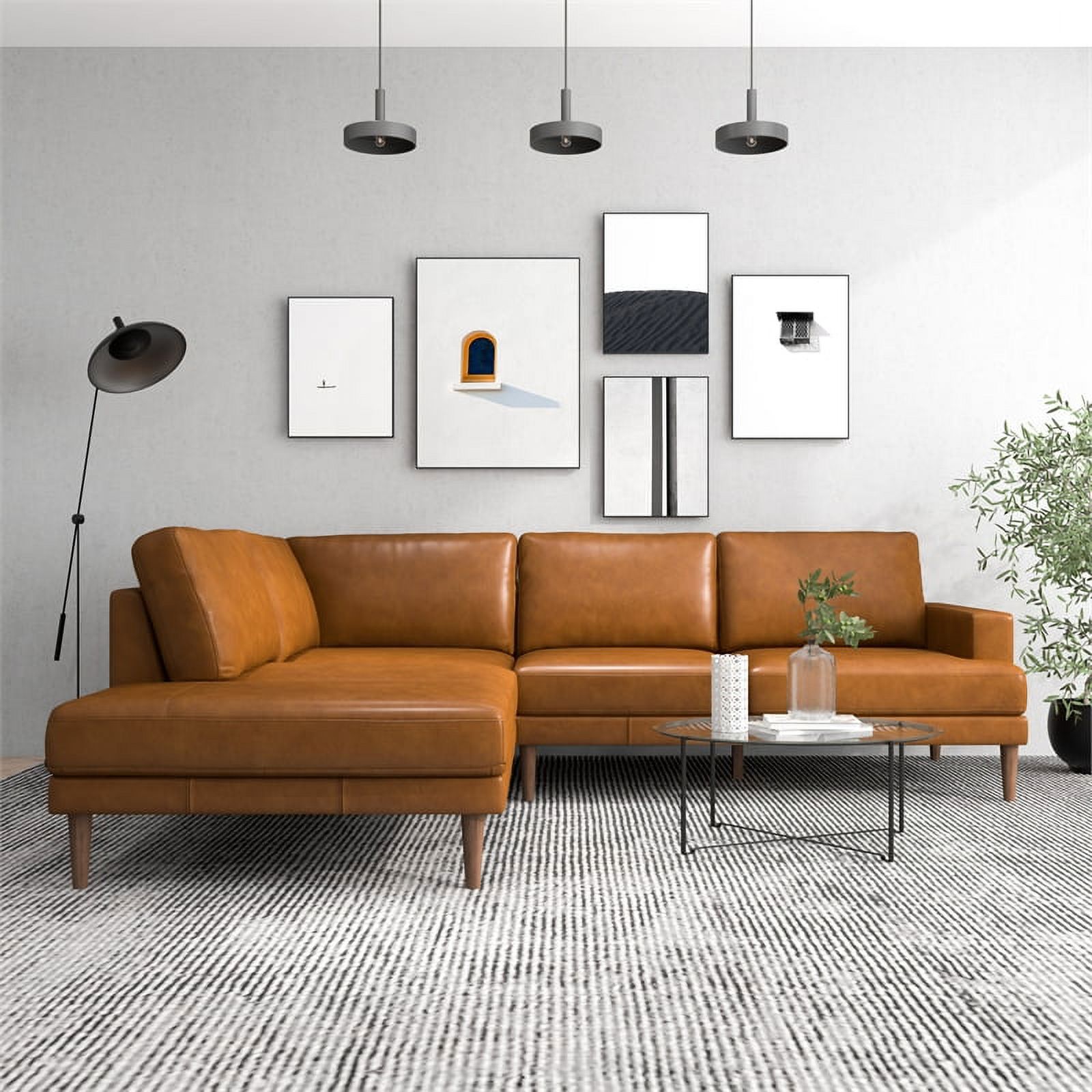 Aplee Modern Living Room Genuine Leather Corner Sectional Couch in Cognac Tan