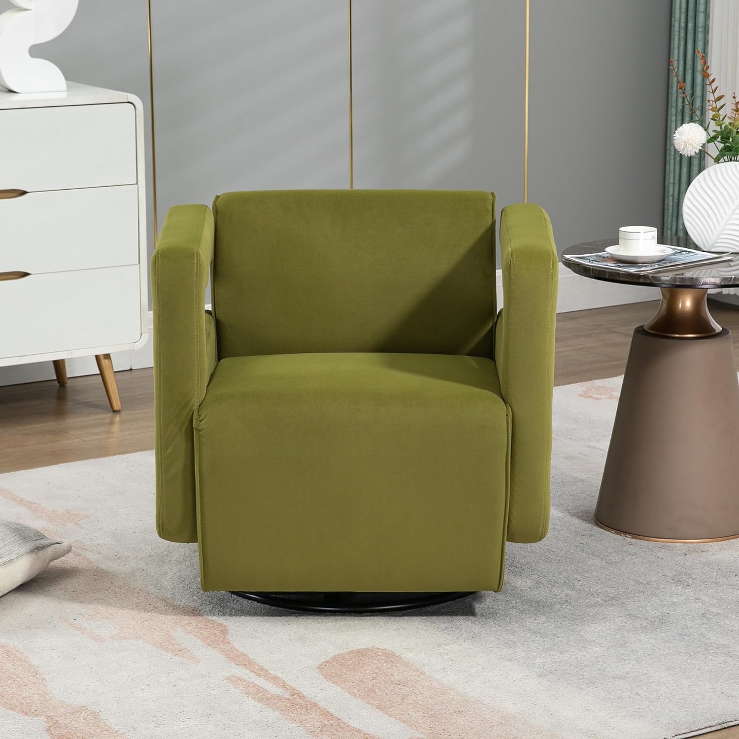 360° Swivel Accent Chair, Upholstered Swivel Arm Chair with Stylish Armrest and Curved Back, Comfy Swivel Living Room Chair for Nursery, Bedroom, Living Room,Olive