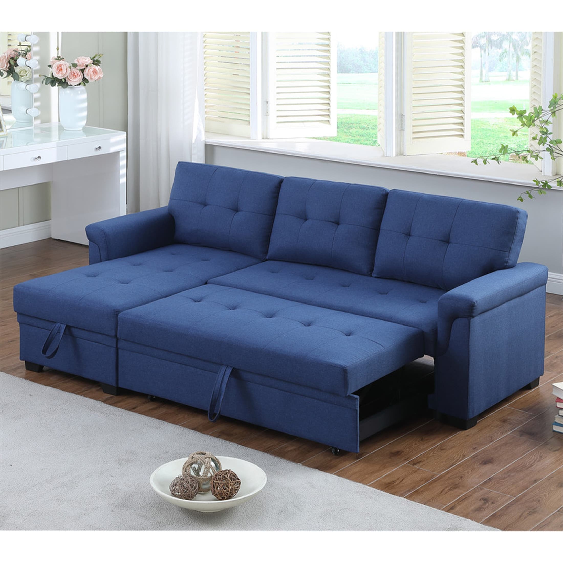 YJTONWIN Linen Reversible Sleeper Sectional Sofa with Storage Chaise Blue