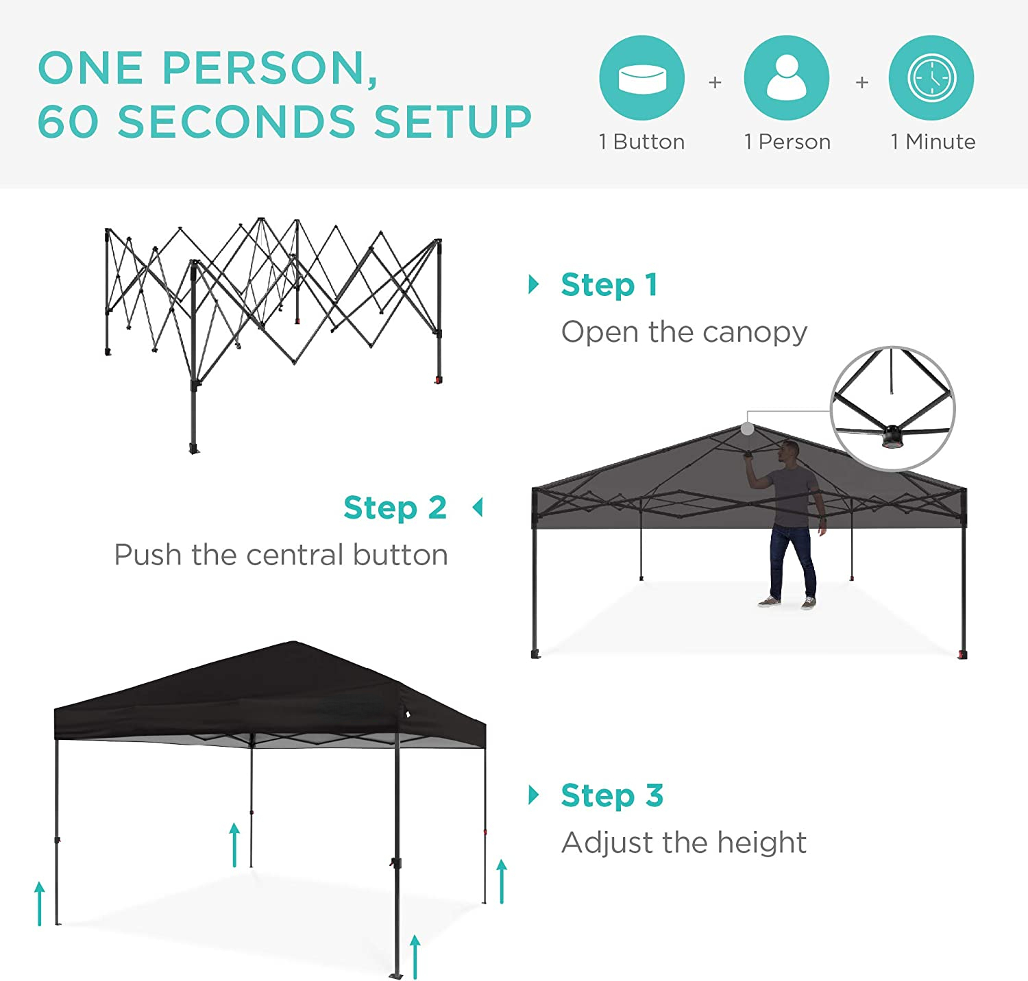 10x10ft 1-Person Setup Pop Up Canopy Tent Instant Portable Shelter w/ 1-Button Push, Straight Legs, Wheeled Carry Case, Stakes - Black