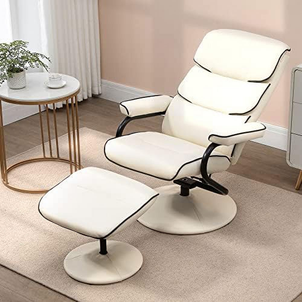 RUNFAYBIU Recliner Chair with Ottoman  PU Leather Swivel High Back Armchair w/Footrest  135° Adjustable Backrest and Thick Foam Padding  Cream White