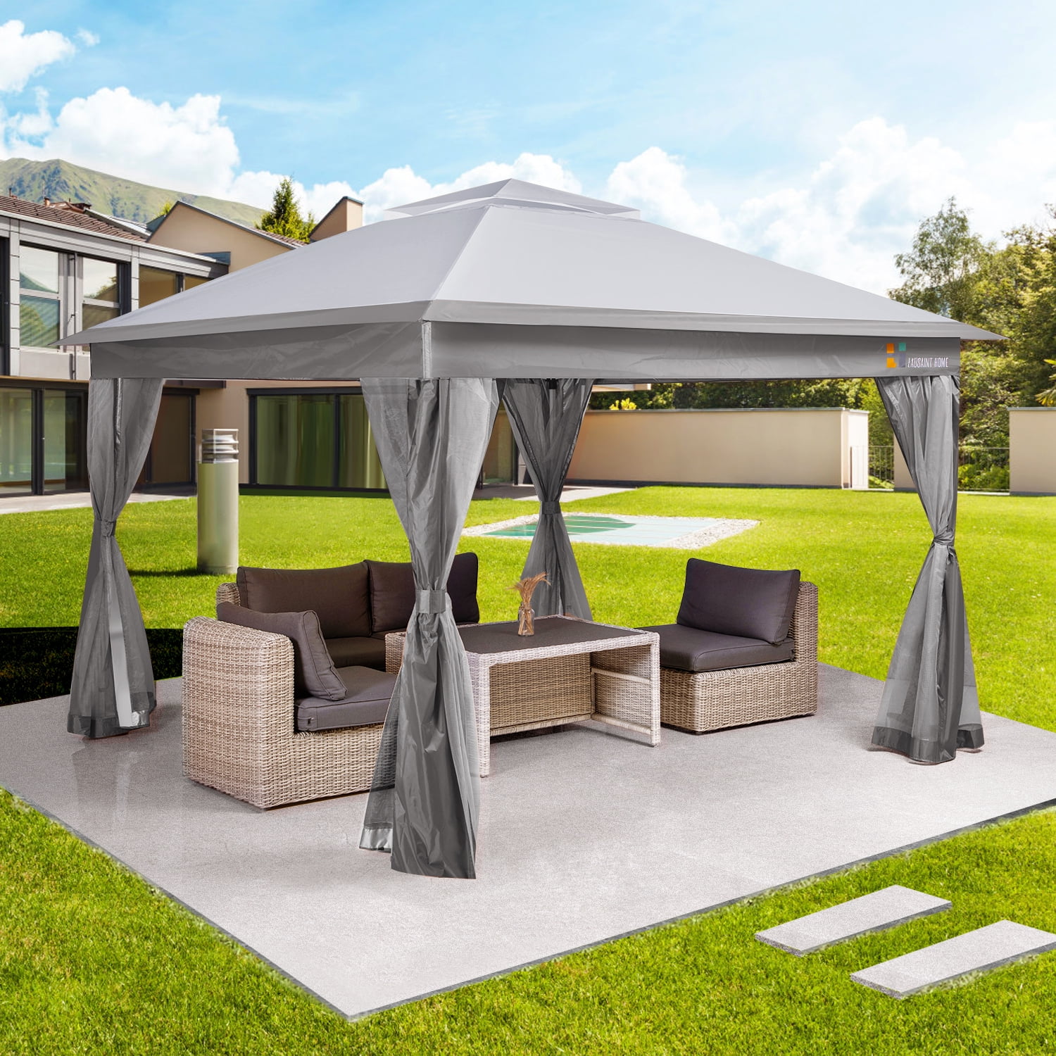 CoSoTower 11x11FT Pop Up Gazebo with Mosquito Netting, Outdoor Instant Canopy Tent with Carry Bag, Easy Set-up Folding Shelter for Lawn Garden Backyard (Grey)