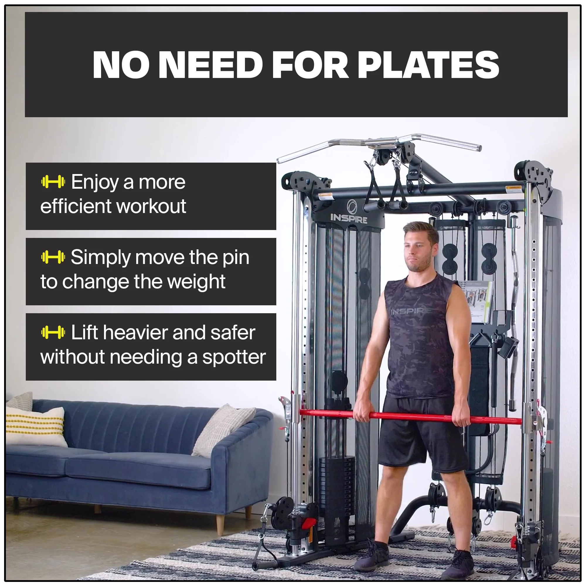 Inspire Fitness FT2 Fully Loaded Functional Trainer Workout Smith Machine Home Gym for Total Body Strength Training with Bench