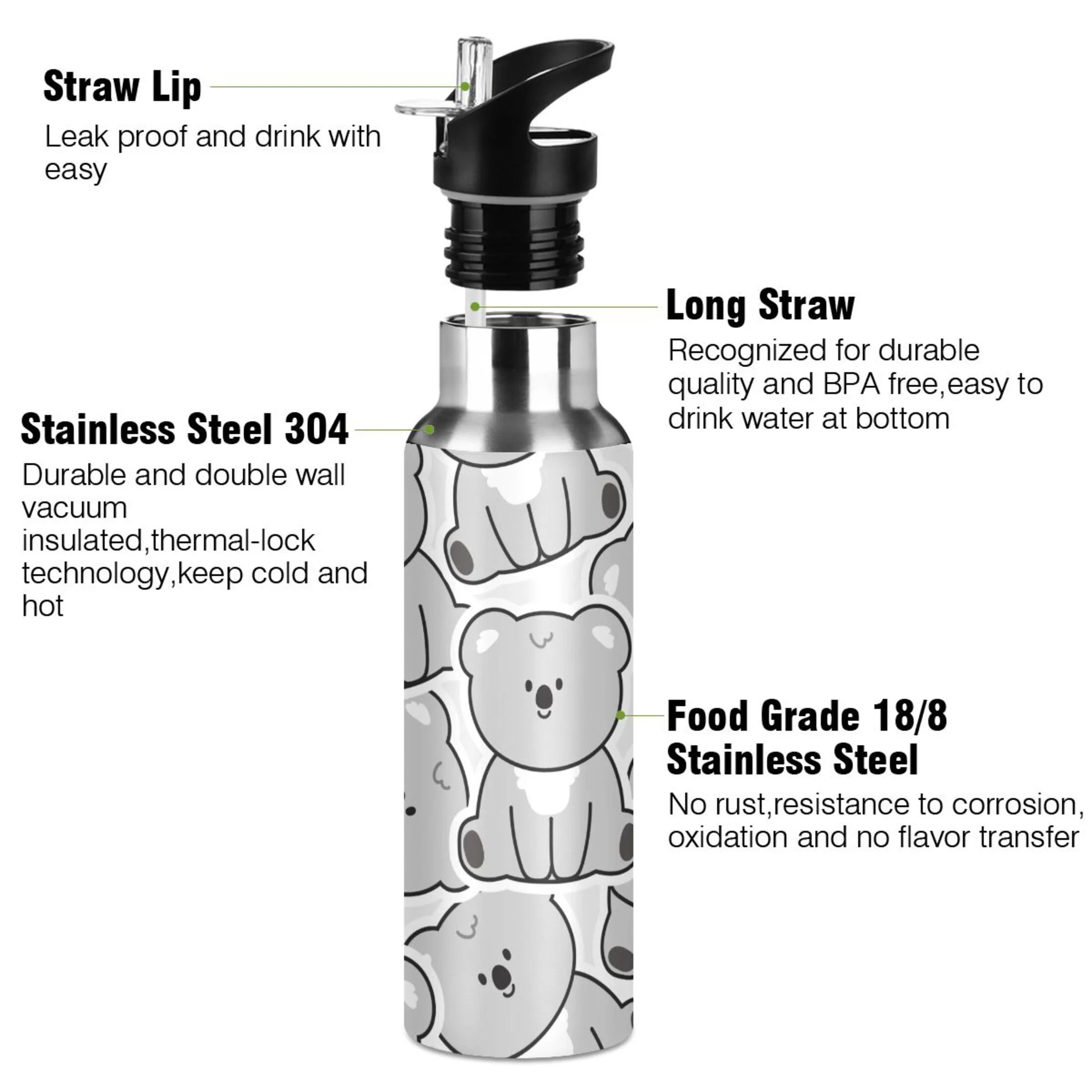 Water Bottle with Straw Lid Leak Cute Gray Koala Bear Stainless Steel Insulated Thermos Vacuum Flask for Cold Hot Drinking for Sports Camping Gym Yoga