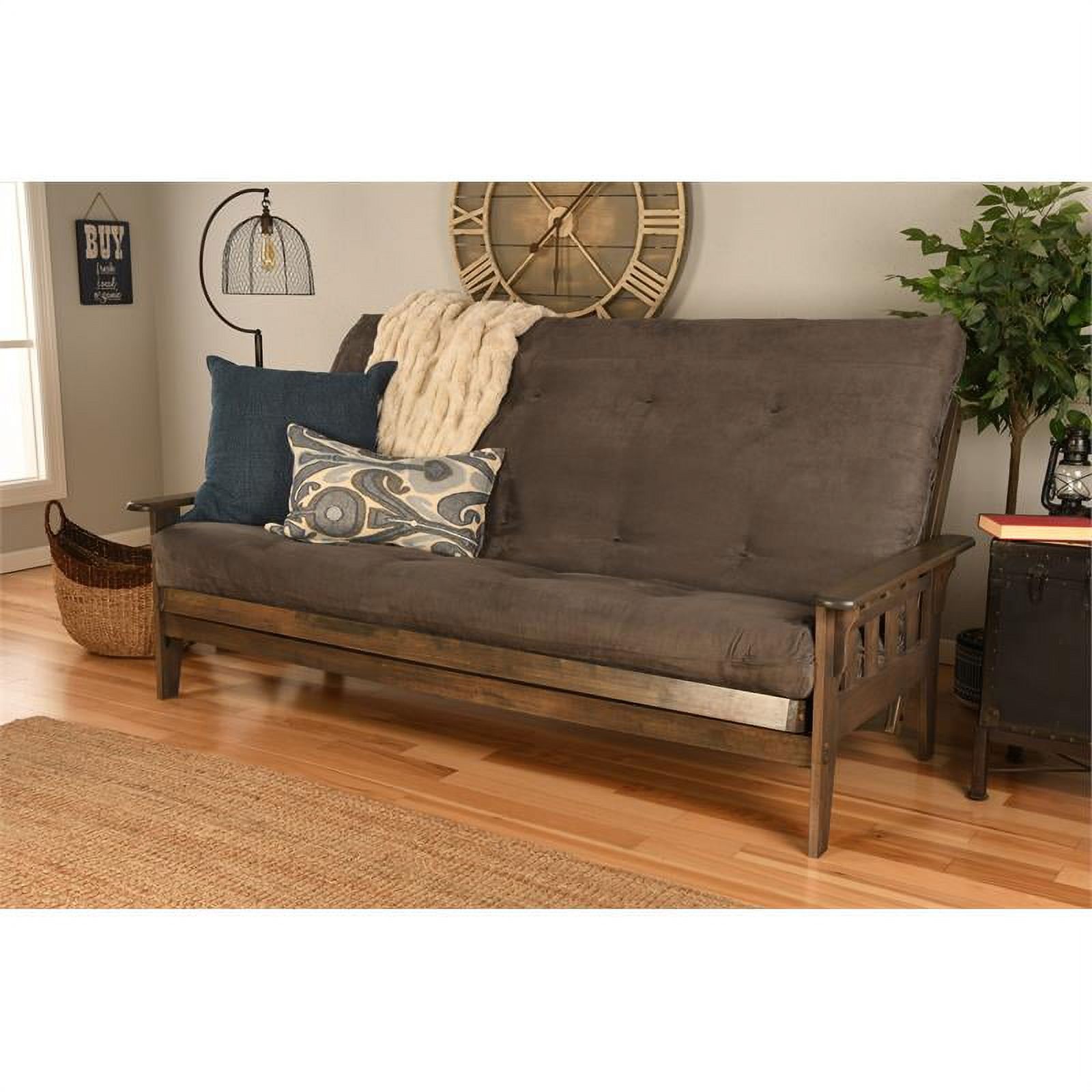 Pemberly Row Queen Futon with Fabric Mattress in Gray and Rustic Walnut