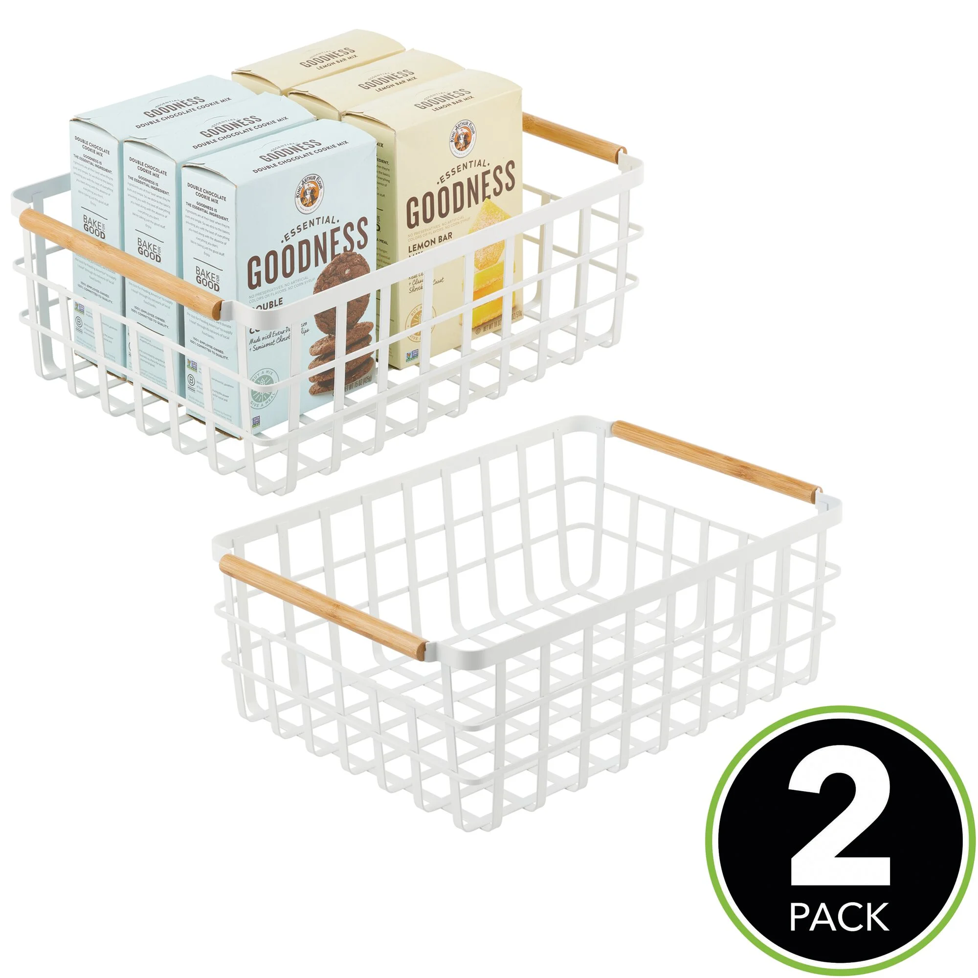 mDesign Metal Wire Organizer Basket, Bamboo Handles, 2 Pack, Matte White/Natural