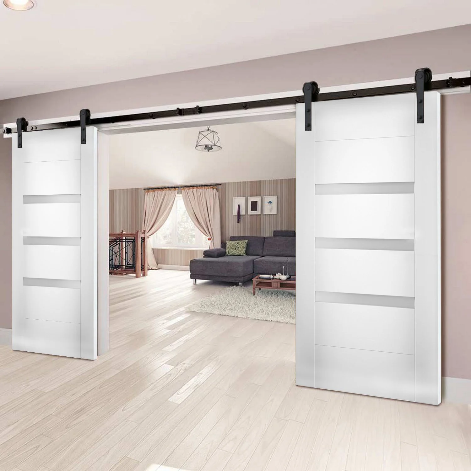 Modern Double Barn Door 64 x 80 inches with Opaque Glass / Sete 6900 White Silk / 13FT Rail Track Set / Solid Panel Interior Doors