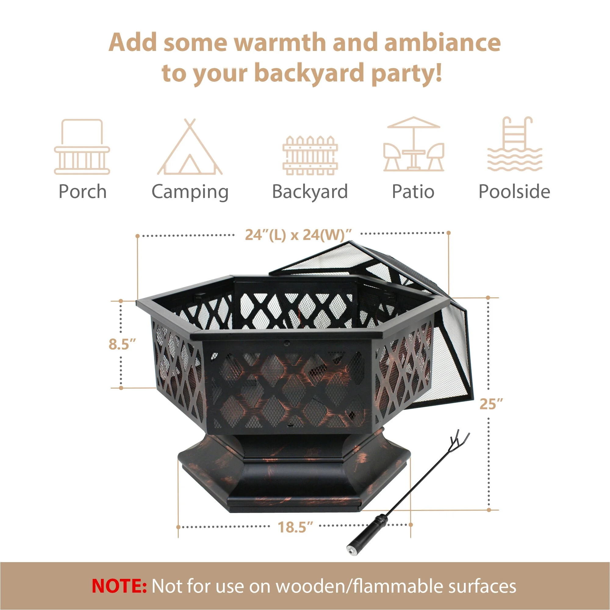 ZenSports 24’’ Outdoor Hex-Shaped Pire Pit - Portable Wood Burning Bonfire W/Mesh Lid, Backyard, Black