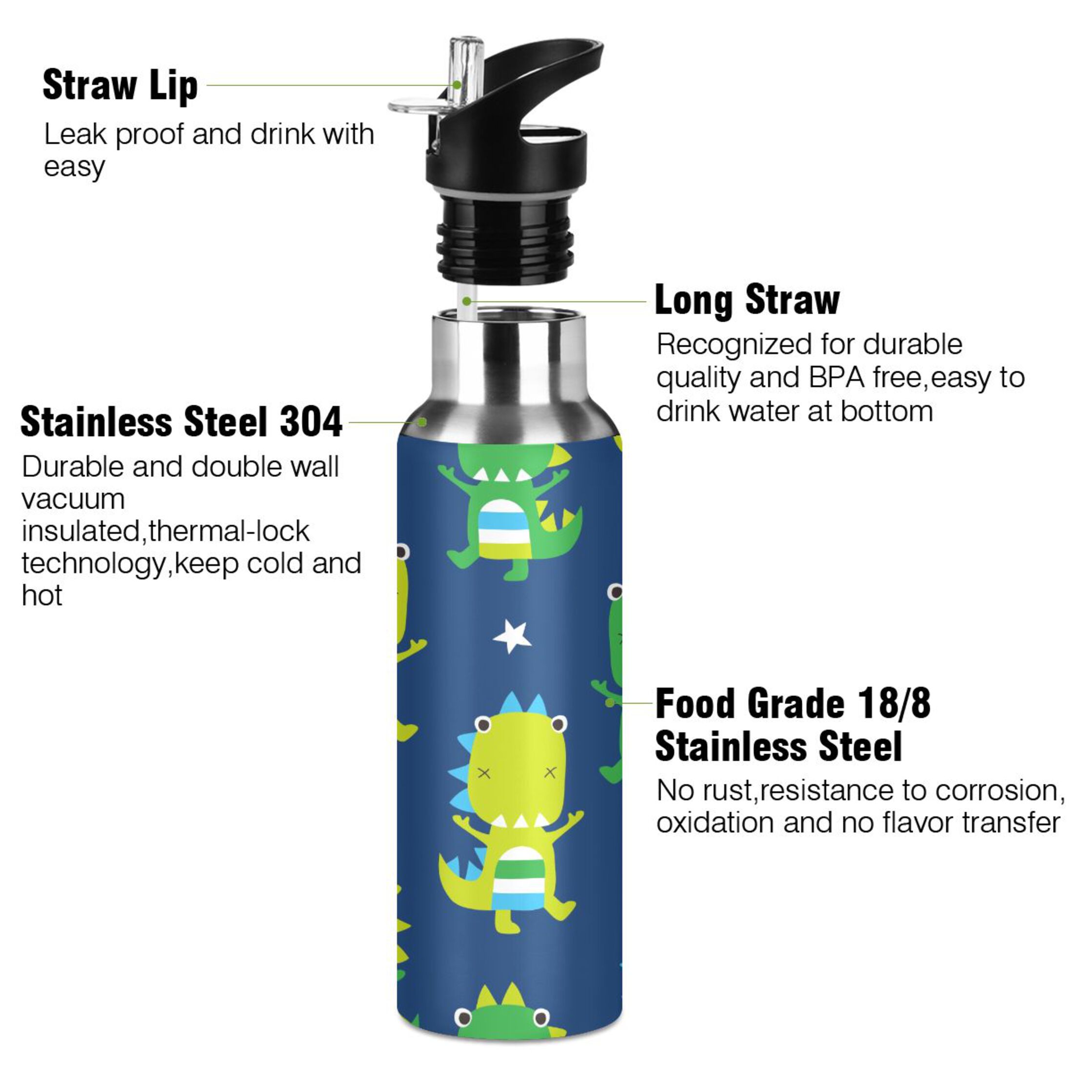Water Bottle with Straw Lid Leak Green Dinosaur Blue Stainless Steel Insulated Thermos Vacuum Flask for Cold Hot Drinking for Sports Camping Gym Yoga