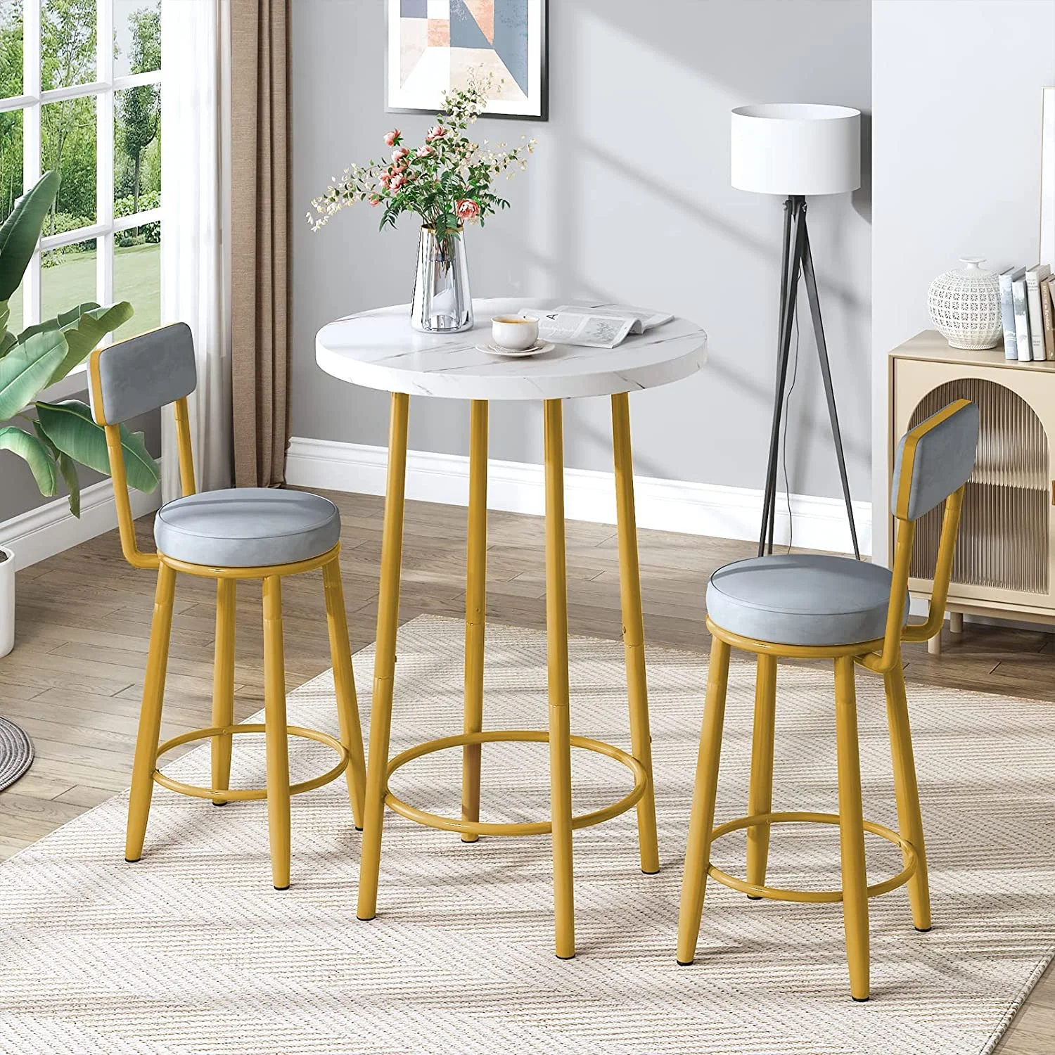 Recaceik Bar Table and Chairs Set, 3-Piece Bistro Pub Dining Table Set, Faux Marble High Top Bar Table and 2 Upholstered Stools w/Backrest, Space Saving Kitchen Table Set for Home to Restaurant, Grey