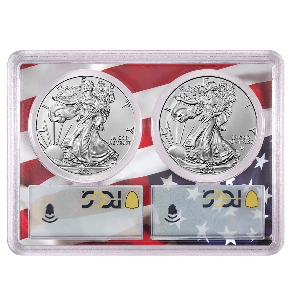 The United States Mint 2021 $1 T1 and T2 Silver Eagle Set PCGS MS70 First and Last Production Flag Frame Coin