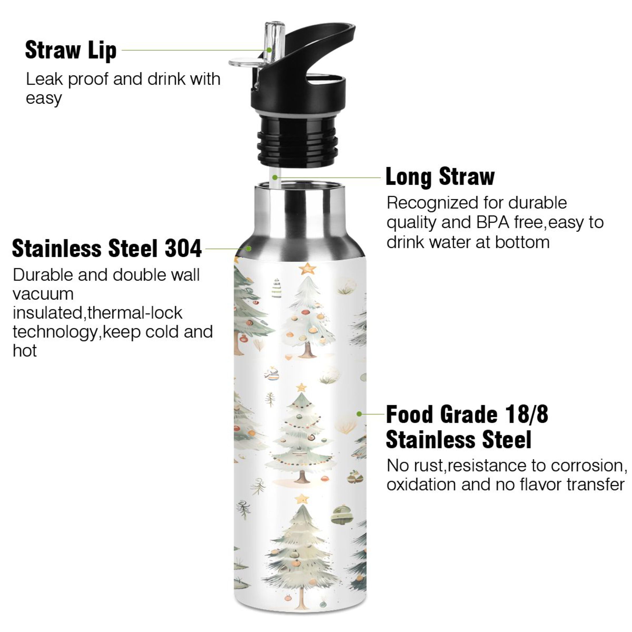 Water Bottle with Straw Lid Leak Christmas Trees Stainless Steel Insulated Thermos Vacuum Flask for Cold Hot Drinking for Sports Camping Gym Yoga