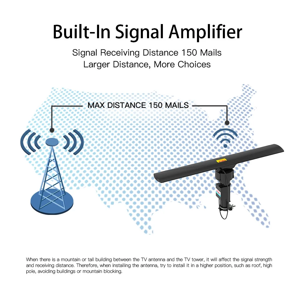 Outdoor Antenna, 360°Rotation UV Dual-band Digital Antenna with Remote Control 40-860MHz 20±3dB Black