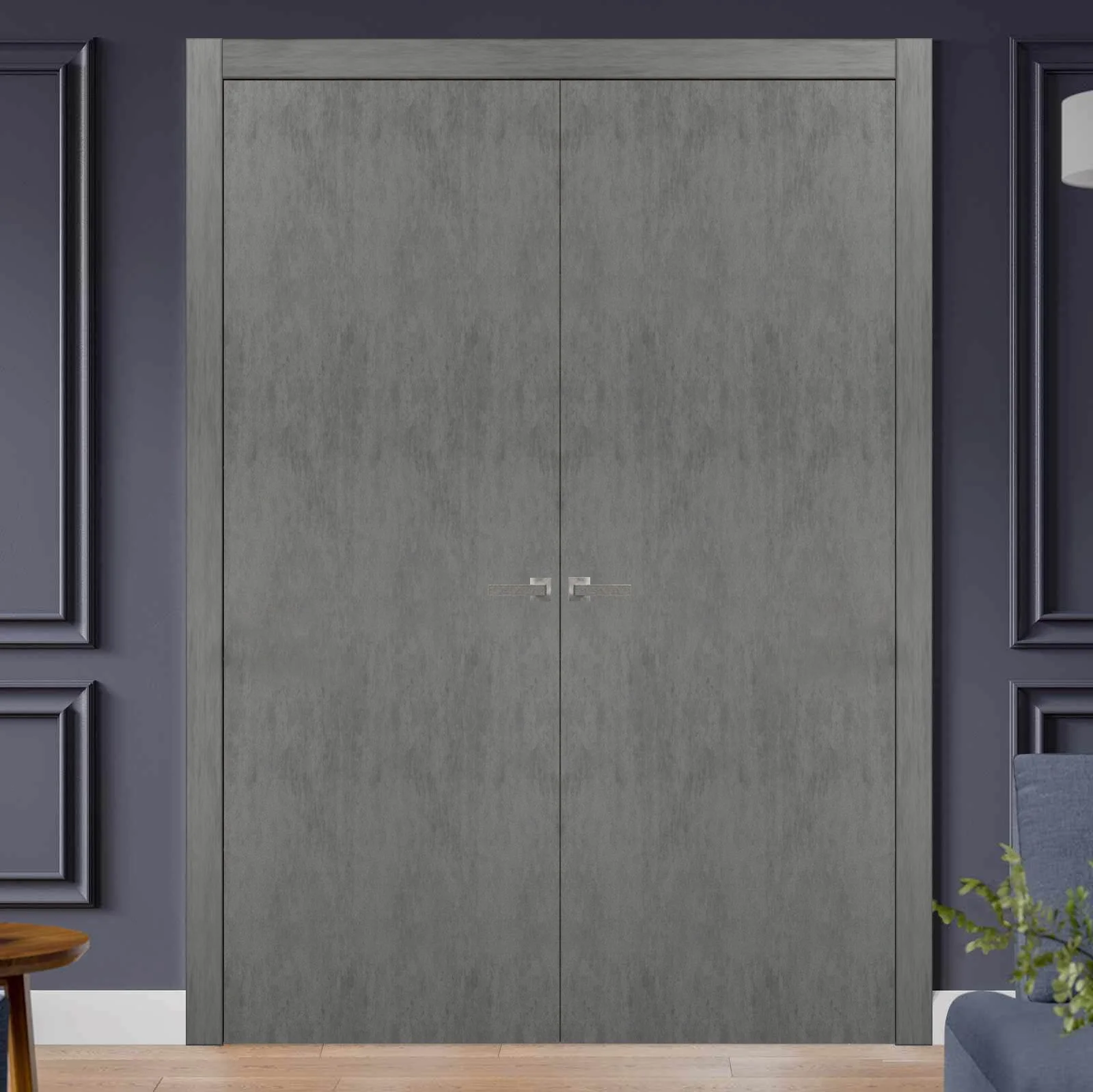Solid French Double Doors | Planum 0010 Concrete | Wood Solid Panel Frame Trims | Closet Bedroom Sturdy Doors