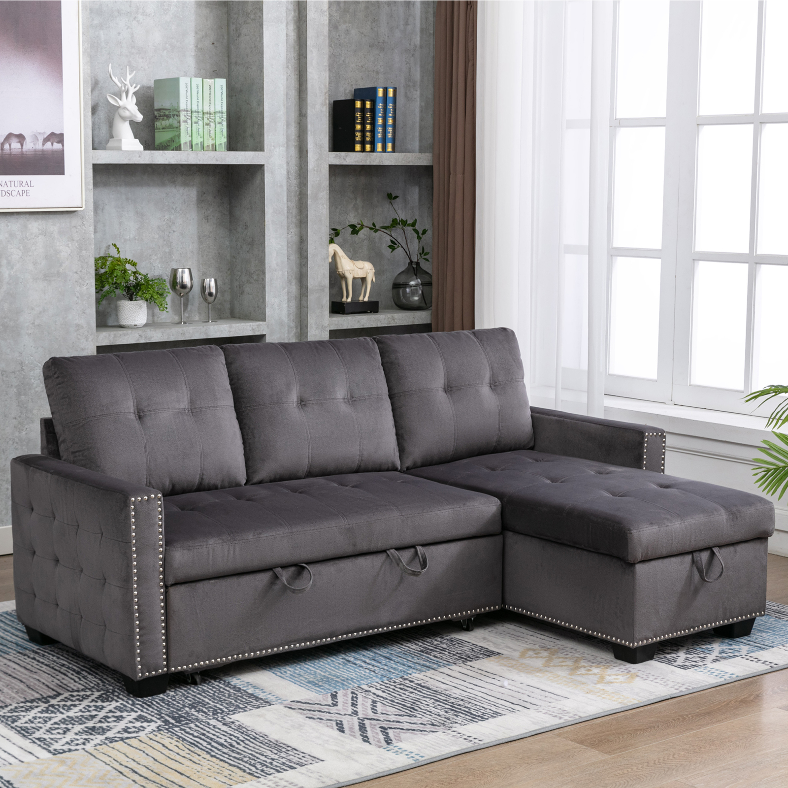 Velvet Reversible Sleeper Sofa with Large Storage Chaise, 3 Seat Reversible Pull Out Sofa Couch Bed, L-Shape Sectional Sleeper Sofa for Apartment, Living Room，Gray
