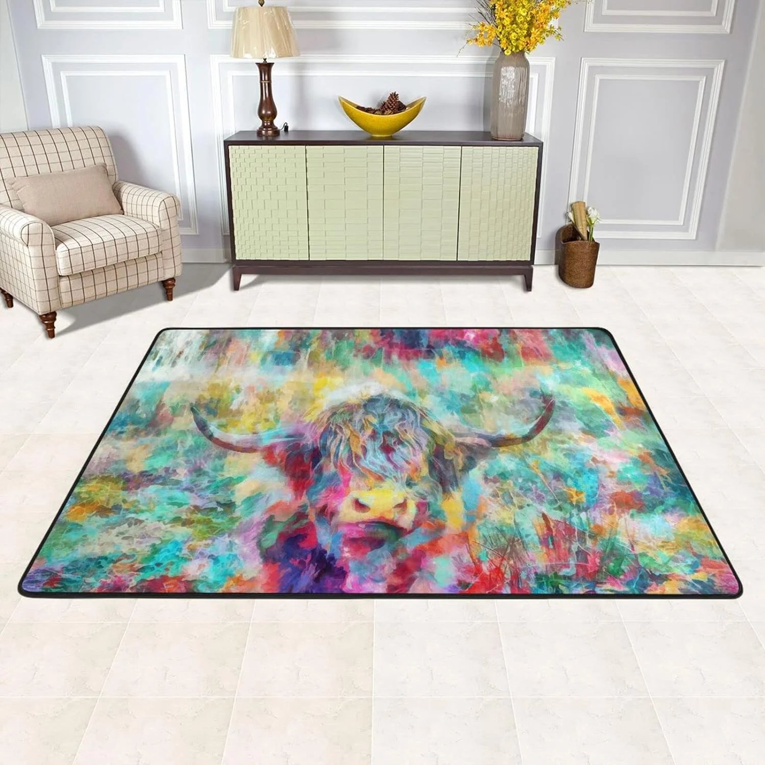 SKYSONIC Watercolor Highland Cattle Non-Slip Area Rug, Colorful Cow Animal Floor Carpet Comfort Floor Mats Decor for Indoor Front Porch,Living Room, Bedroom,Kitchen ,36