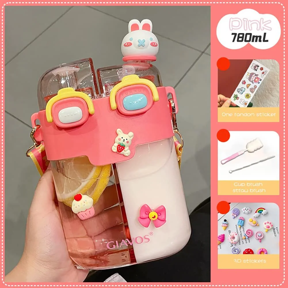 780Ml Cartoon Kawaii Double Layer Water Bottle, Portable Leakproof Student Water Cup with Adjustable Strap Straw Cute Kettle BPA-Free for School Sports Travel Camping(Pink)