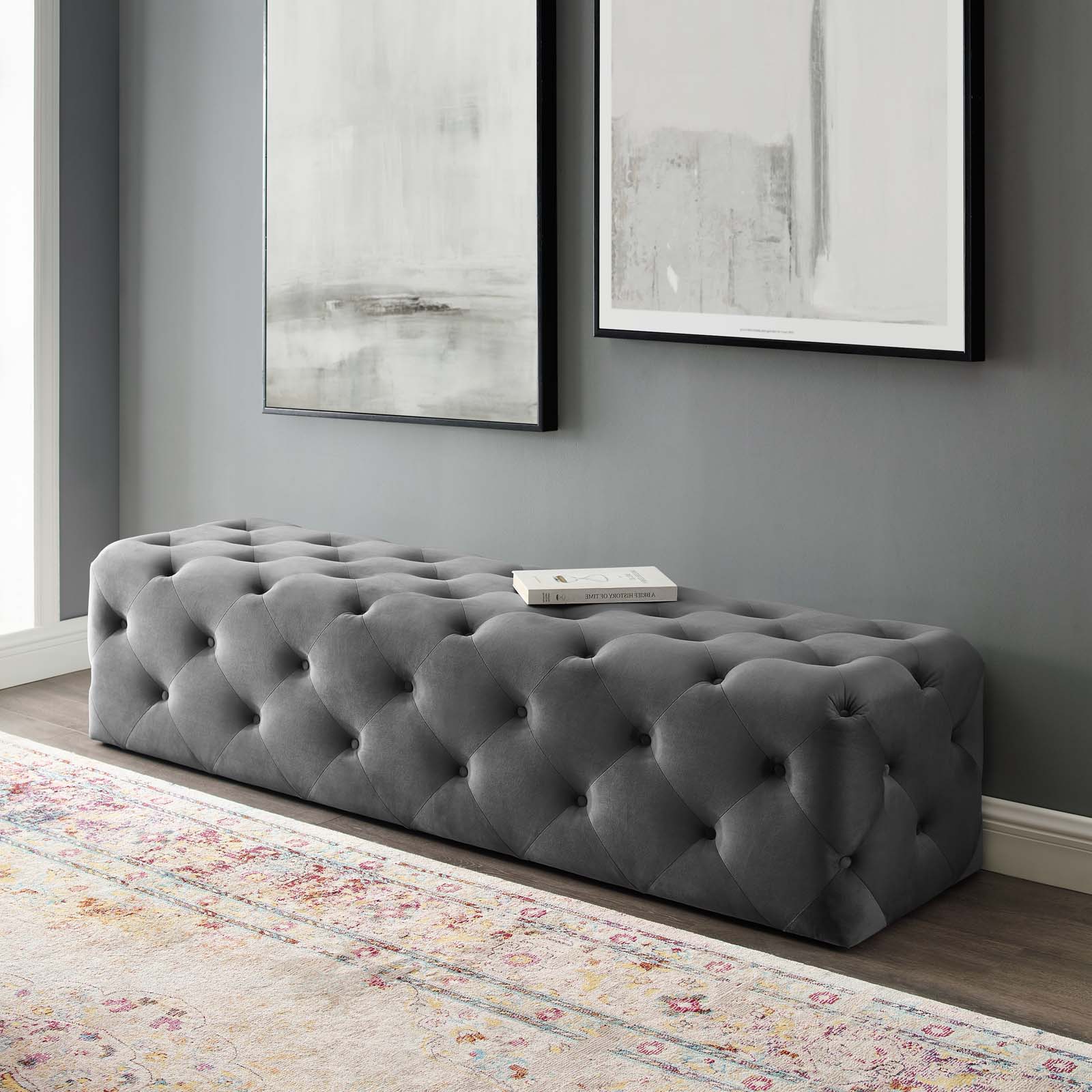 Tufted Accent Chair Bench, Velvet, Grey Gray, Modern Contemporary Urban Design, Living Lounge Room Hotel Lobby Hospitality