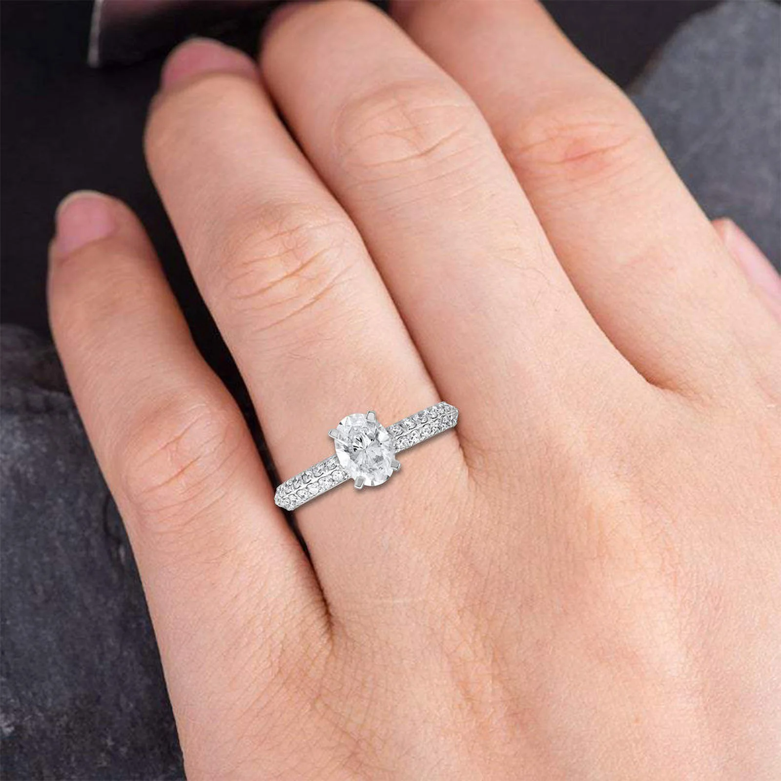 1.15 TCW Oval Cut Lab Created Diamond Solitaire Halo Ring with Side Stones in 14K Solid White Gold for Women | Size-7 | (Clarity; VVS-VS, Color: FG) by Dewberry