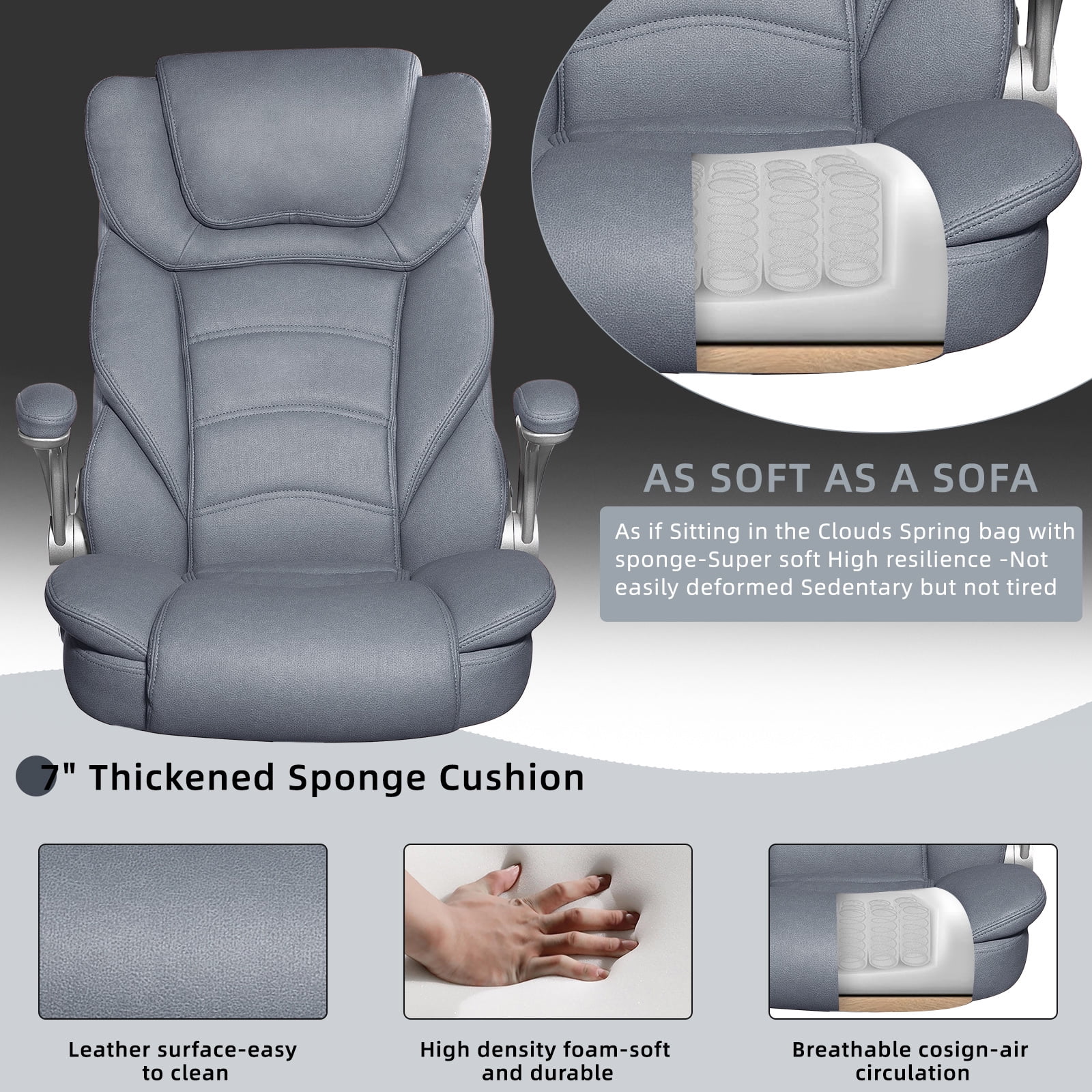 HomeZeer PU Leather Executive Office Chair, Big and Tall Office Chair 400lbs High Back Office Chairs Desk Chairs, Light Blue