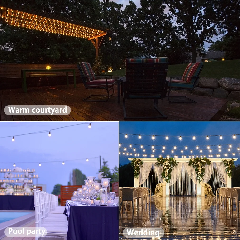 FDW 2 Pack Outdoor String Lights LED 48 FT 15 Hanging Sockets Patio Lights Weatherproof Strand Edison Vintage Bulbs Hanging Lights String Commercial Decor Decorative Cafe Backyard Patio Lights