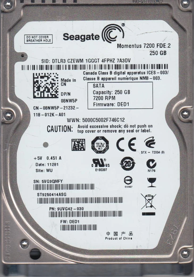 ST9250414ASG, 5VG, WU, PN 9UVG42-030, FW DED1, Seagate 250GB SATA 2.5 Hard Drive