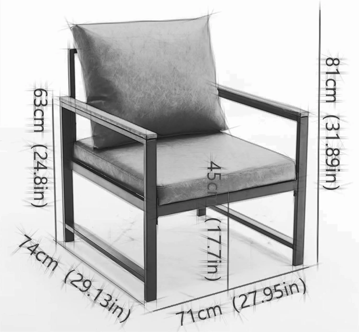 Faux Leather Accent Chair, Modern Upholstered Single Sofa Metal Frame For Living Room Bedroom Study, Gray