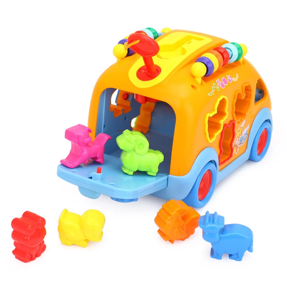 FUNNYFAIRYE Toddler Music Bus Toys, Baby Musical Busy Learning Toy Animal Matching, Gear, Key, Infant Electronic Car Birthday Gifts for 2 3 Year Old Kid Boy Girl