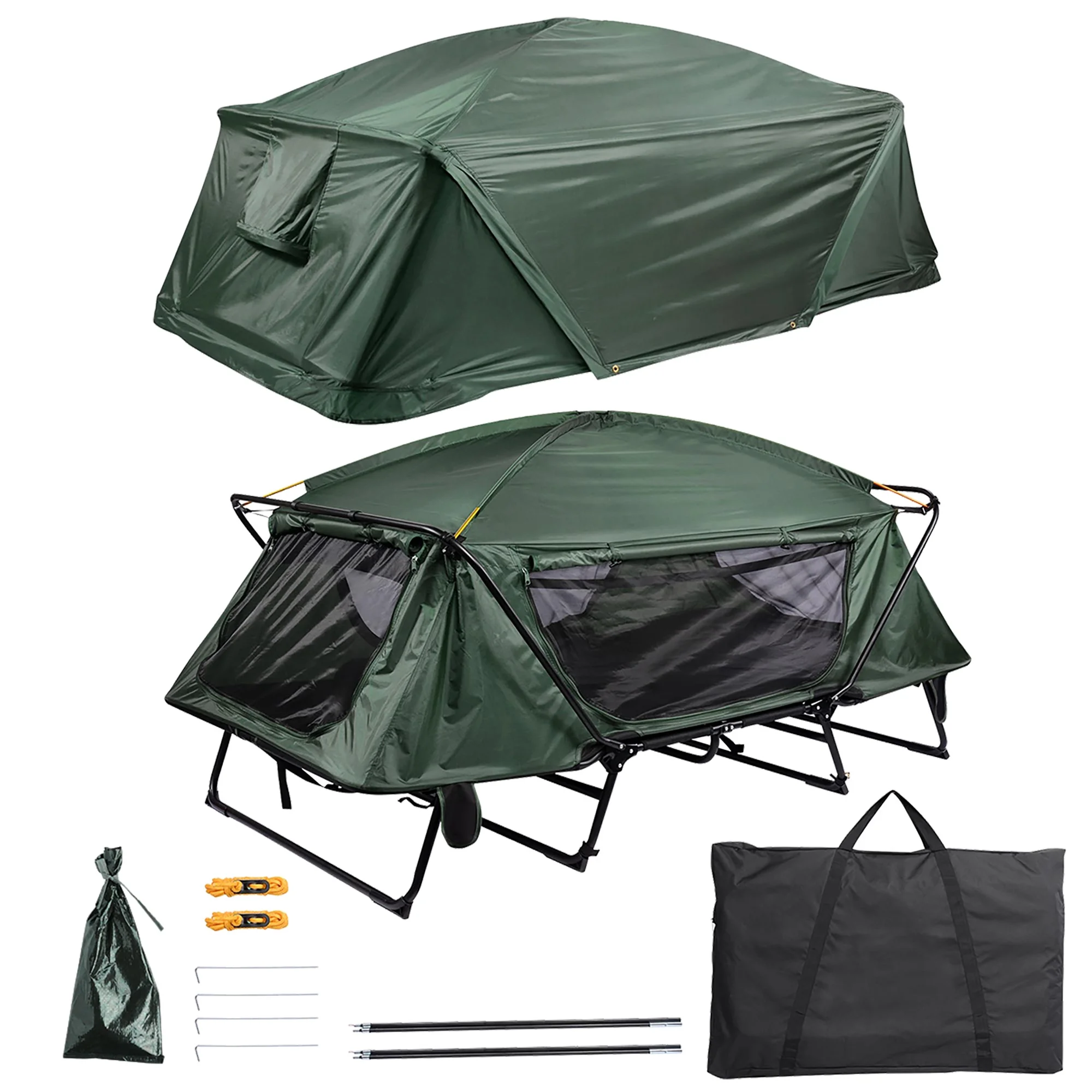 Yescom Double Tent Cot Folding Portable Waterproof Camping Hiking Bed for 2 Person, Green with Rain Fly Bag
