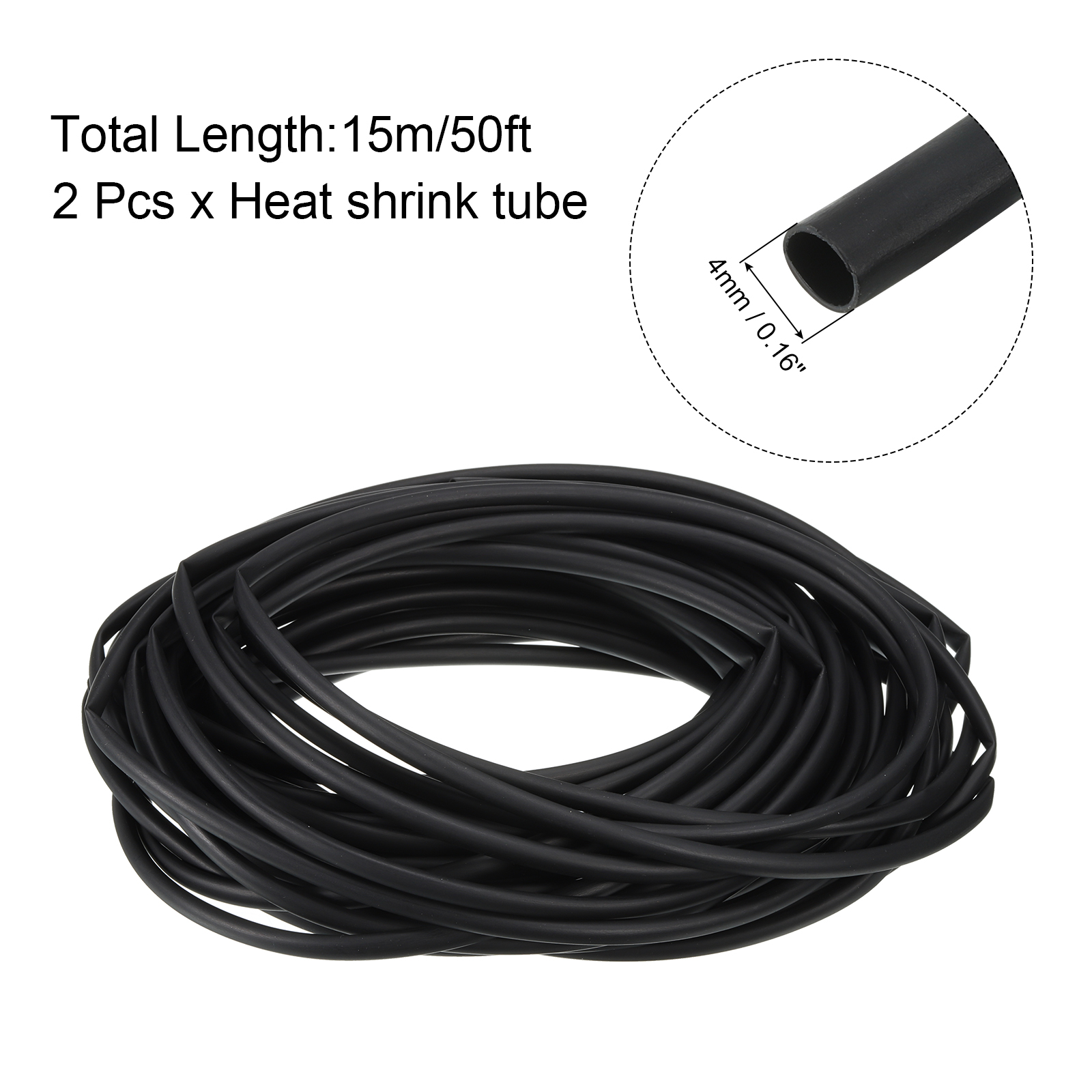 2pcs 4mm Dia 50ft Heat Shrink Tubing 4:1 Dual Wall Adhesive Lined Marine Waterproof Shrink Tube Black
