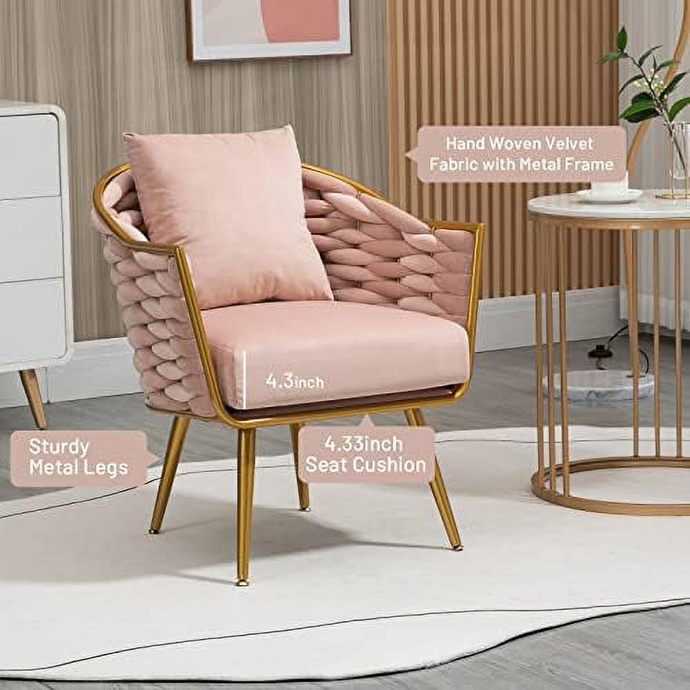 xrboomlife Modern Velvet Accent Chair with Arms  Upholstered  Woven Lounge Chair with Pillow  Luxury Armchair  Vanity Chair for Living Room  Bedroom  Office (Beige)