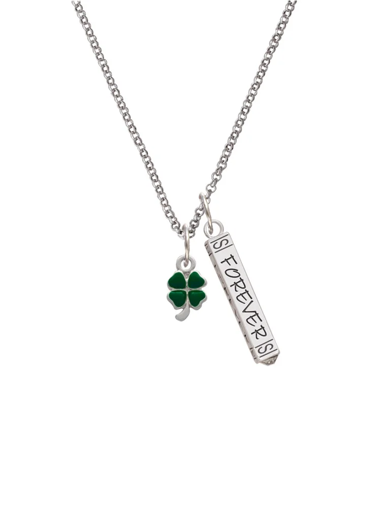 Delight Jewelry Silvertone Mini Green Four Leaf Clover with Heart Leaves Silvertone Forever Bar Charm Necklace, 23