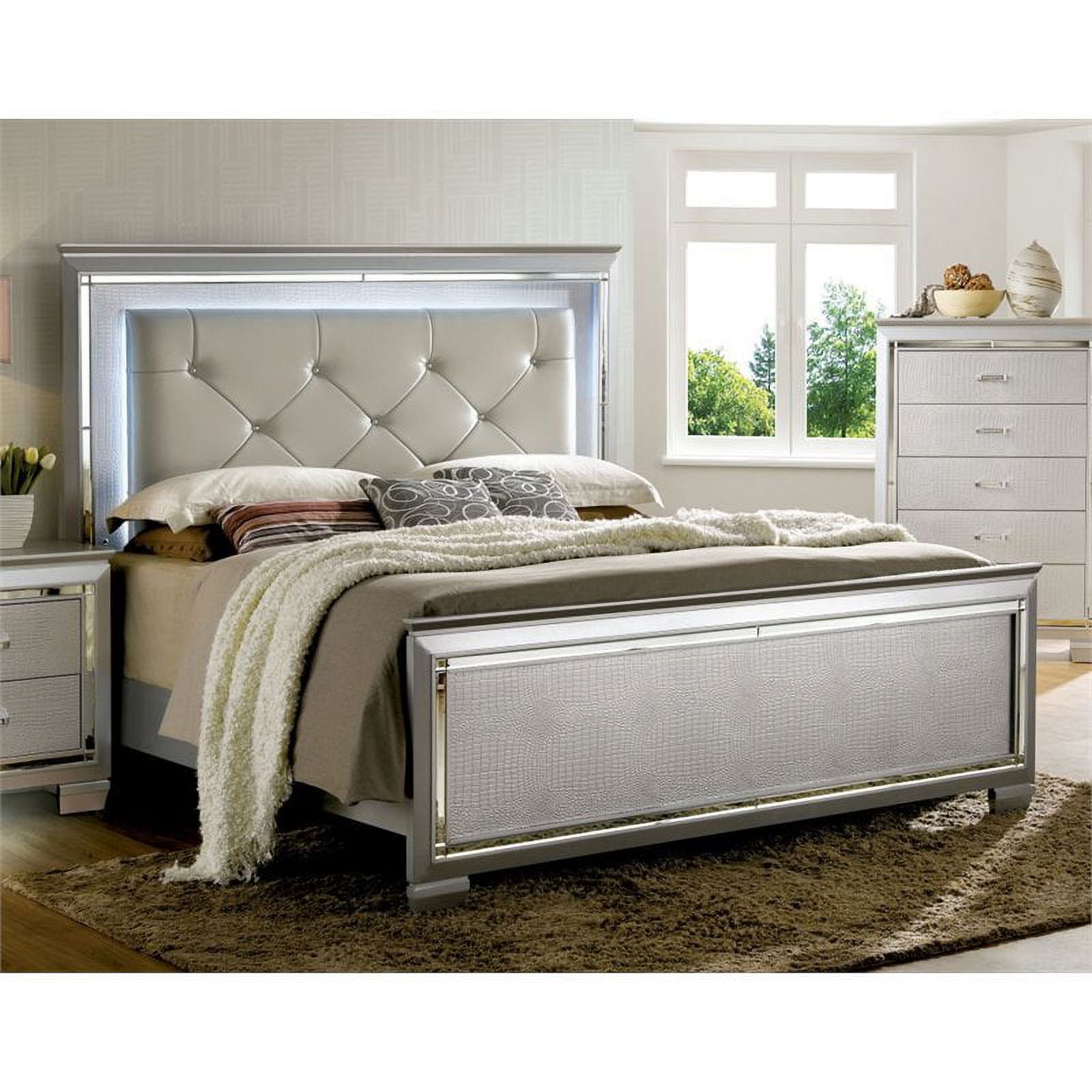 Furniture of America Rachel Faux Leather King LED Panel Bed in Silver